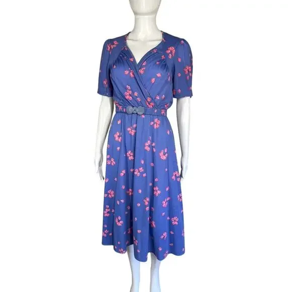 Christine Von Lumbe Vtg 80s Belted Floral Purple Pink Shell Buckle Dress Small - Picture 2 of 10